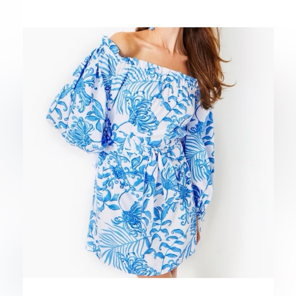 NWT Lilly Pulitzer Jamielynn Off the Shoulder Blue and White Floral Dress